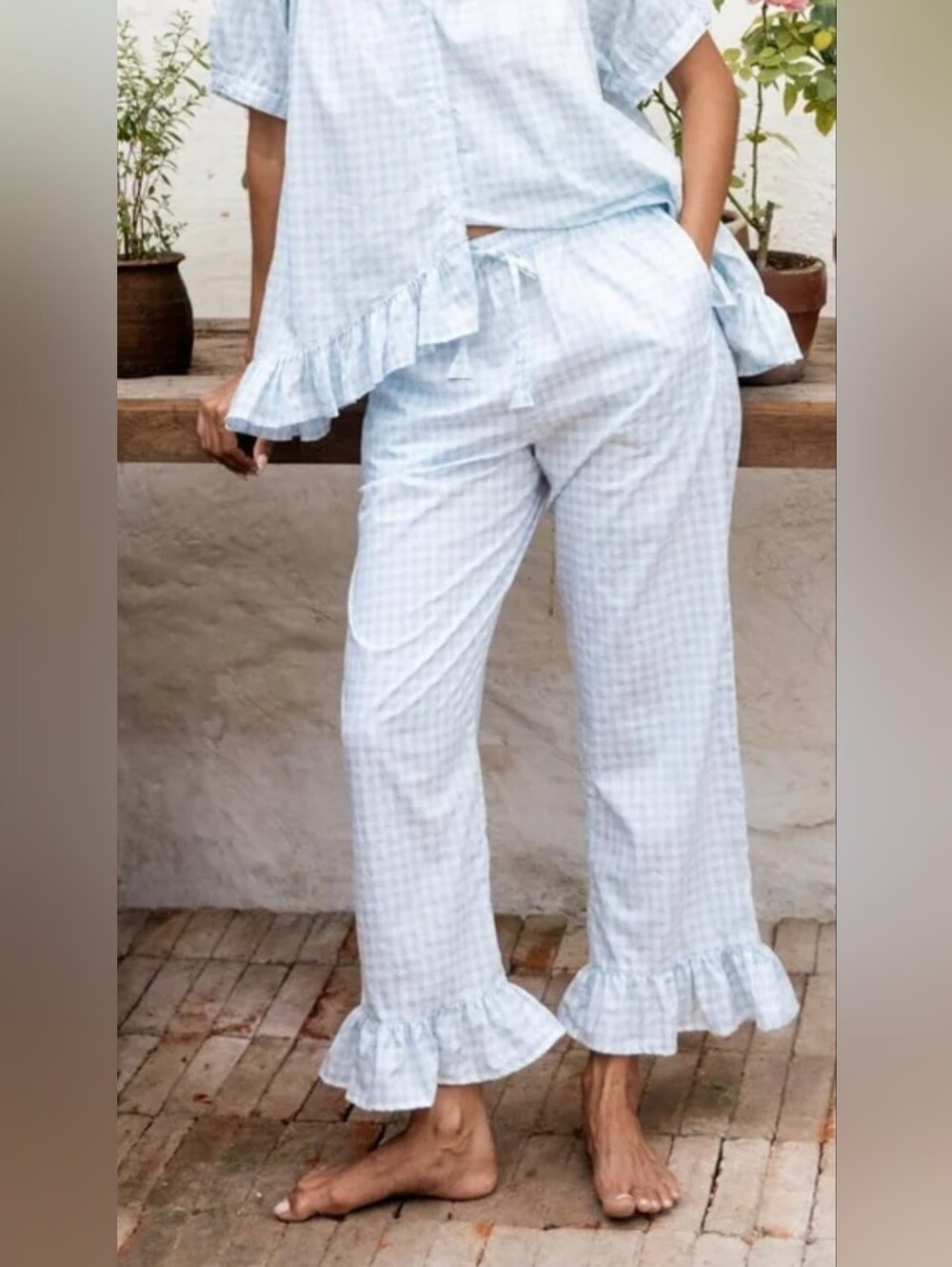 PIYAMA Sophie High Rise Sleep Pants In Gingham Pale Blue